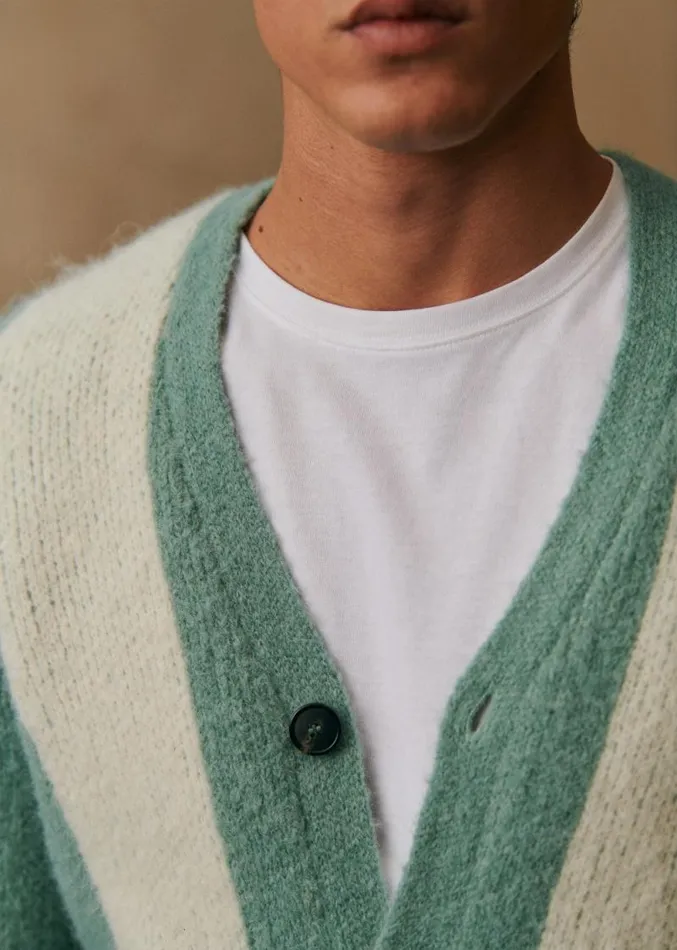 Szane Knitwear Mens Mark Cardigan Aqua Green Ecru