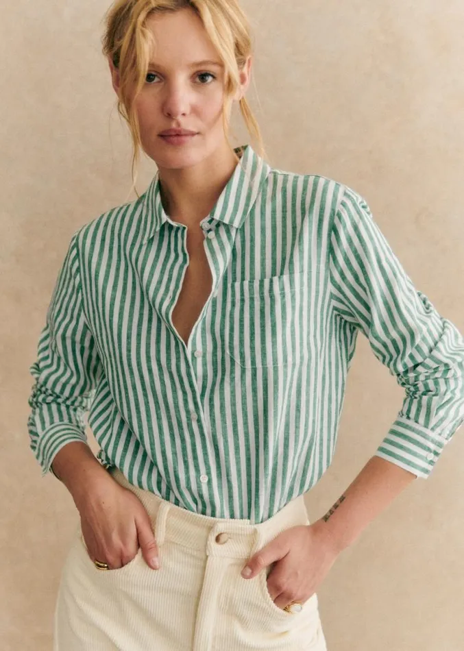 Szane Tops Womens Tomboy Shirt Rayure cru Vert