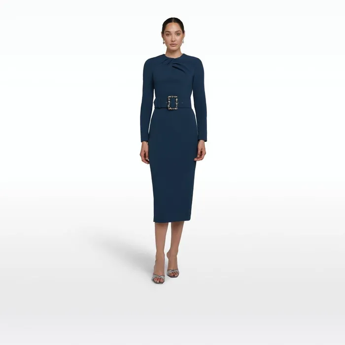 Safiyaa Brunna Ink Blue Midi Dress With Embroidered Belt Women Dresses