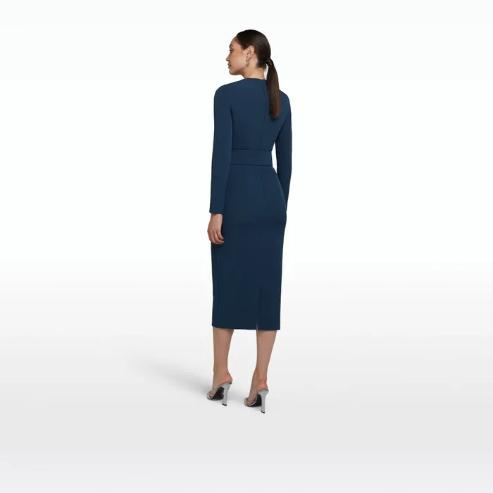 Safiyaa Brunna Ink Blue Midi Dress With Embroidered Belt Women Dresses
