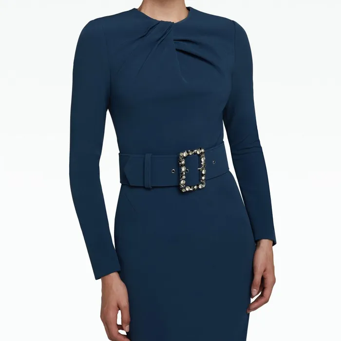 Safiyaa Brunna Ink Blue Midi Dress With Embroidered Belt Women Dresses