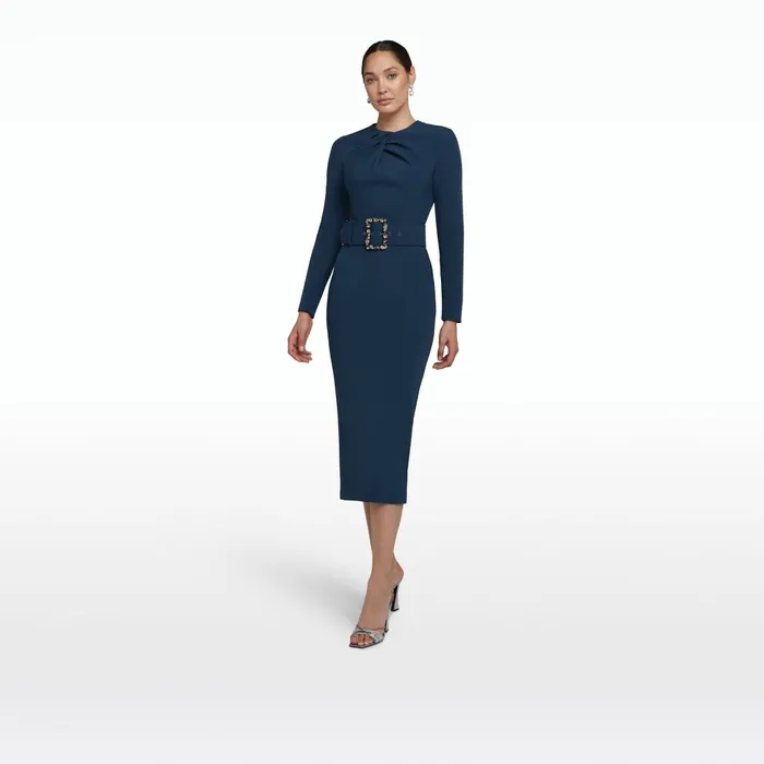 Safiyaa Brunna Ink Blue Midi Dress With Embroidered Belt Women Dresses