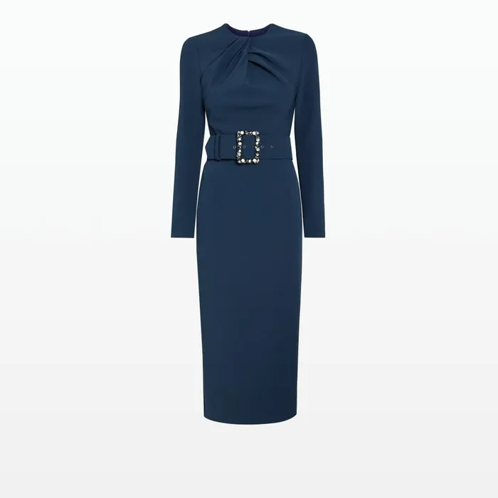 Safiyaa Brunna Ink Blue Midi Dress With Embroidered Belt Women Dresses