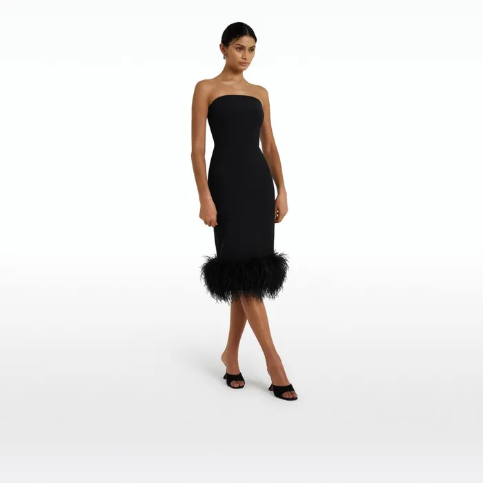 Safiyaa Oralie Black FeatherTrimmed Midi Dress Women Dresses