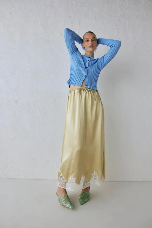 Skirts Women VRG GRL Aisla Satin Midi Skirt Sage Skirts Women VRG GRL Aisla Satin Midi Skirt Sage