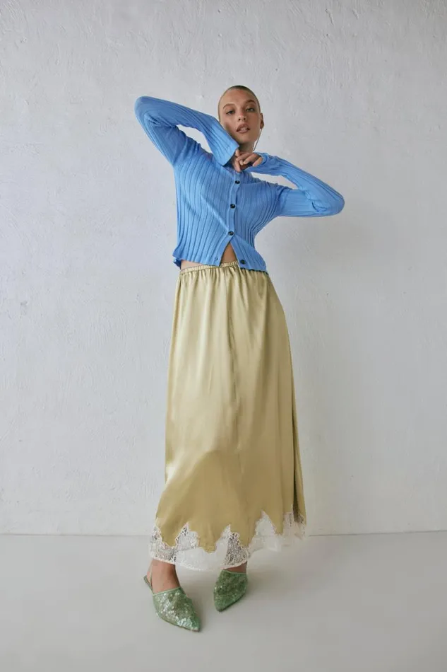 Skirts Women VRG GRL Aisla Satin Midi Skirt Sage Skirts Women VRG GRL Aisla Satin Midi Skirt Sage