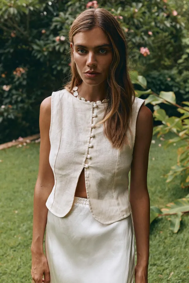 Sleeveless Women VRG GRL Celeste Linen Top Cream Sleeveless Women VRG GRL Celeste Linen Top Cream