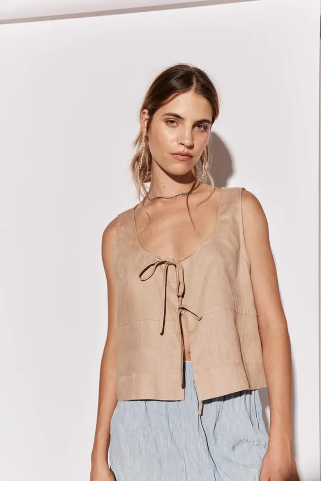 Sleeveless Women VRG GRL Nessa Linen Smock Top Beige