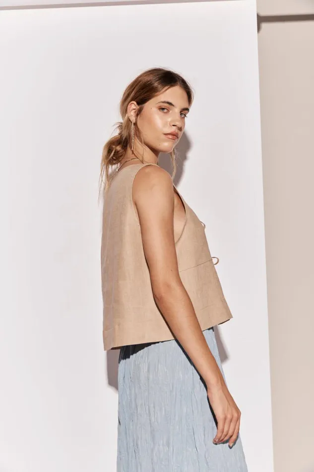 Sleeveless Women VRG GRL Nessa Linen Smock Top Beige Sleeveless Women VRG GRL Nessa Linen Smock Top Beige