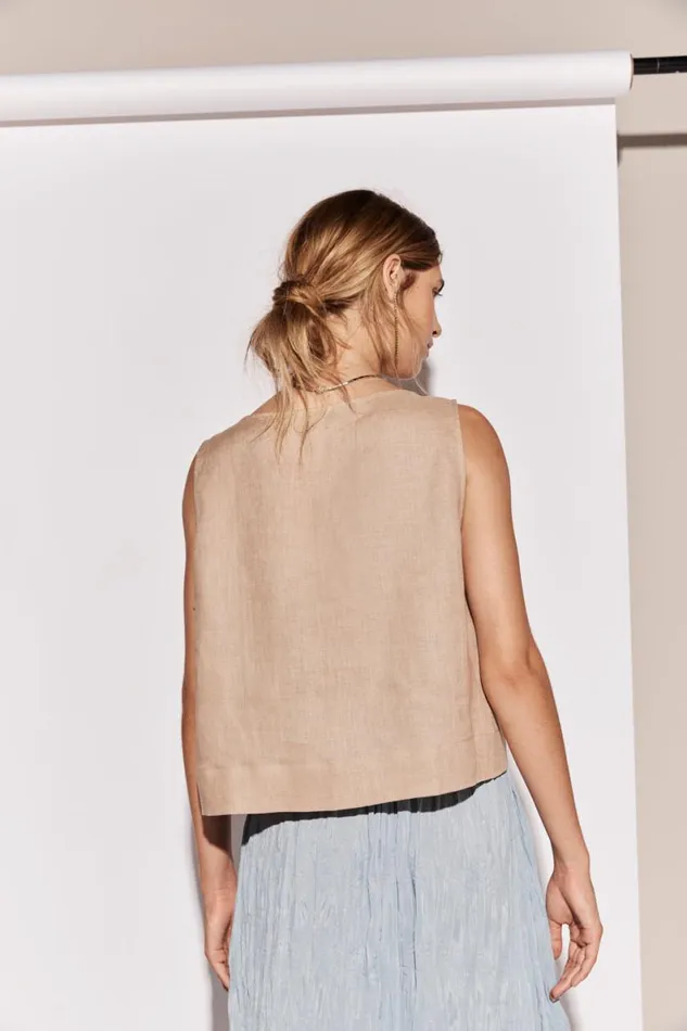 Sleeveless Women VRG GRL Nessa Linen Smock Top Beige Sleeveless Women VRG GRL Nessa Linen Smock Top Beige