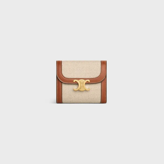 Small Wallet Triomphe In Textile And Calfskin Natural Tan Women CELINE WALLETS