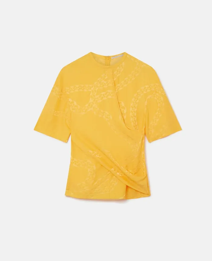 Stella McCartney Falabella Chain Silk Jacquard Wrap Front Top Sunflower Yellow Women Shirts And Tops Stella McCartney Falabella Chain Silk Jacquard Wrap Front Top Sunflower Yellow Women Shirts And Tops