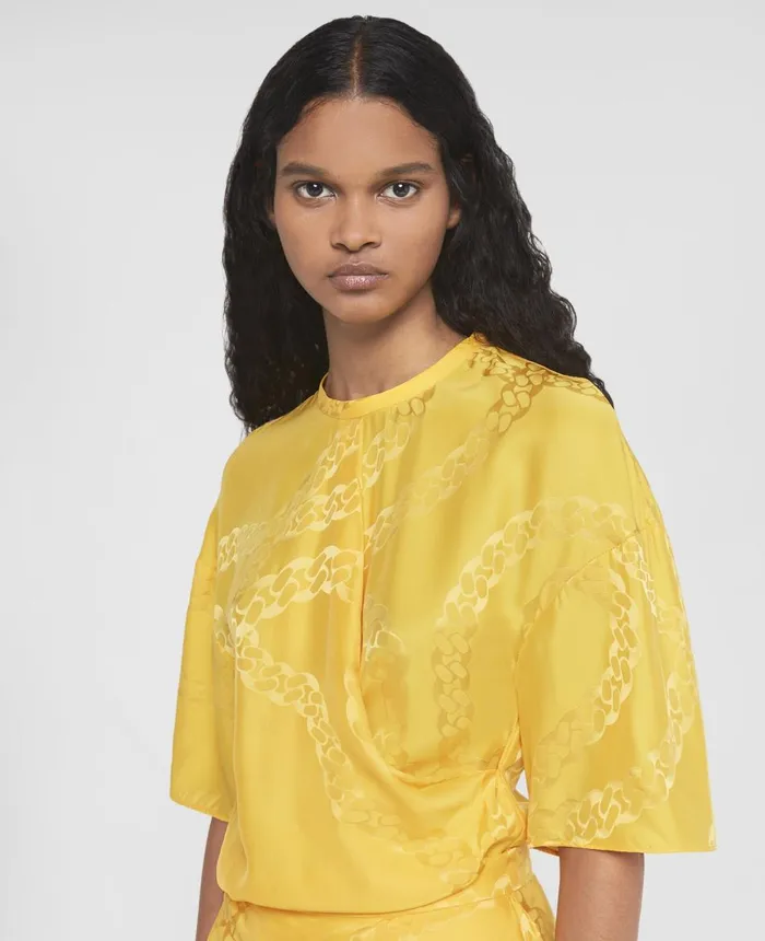 Stella McCartney Falabella Chain Silk Jacquard Wrap Front Top Sunflower Yellow Women Shirts And Tops Stella McCartney Falabella Chain Silk Jacquard Wrap Front Top Sunflower Yellow Women Shirts And Tops