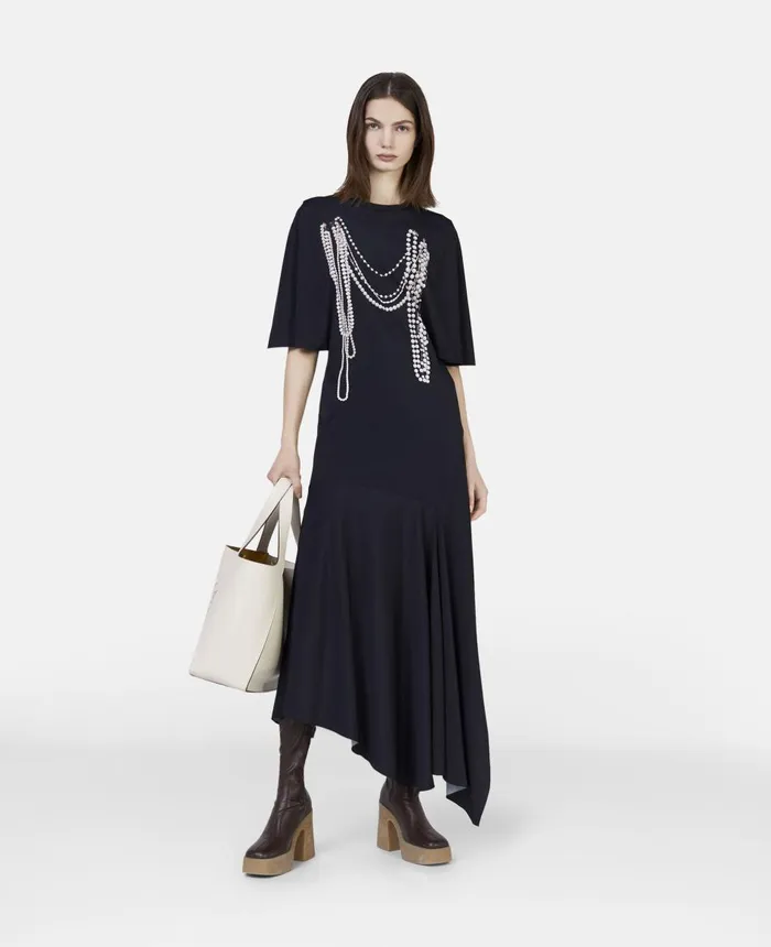 Stella McCartney Pearl Trompe Loeil Print Midi Dress Black Women Dresses