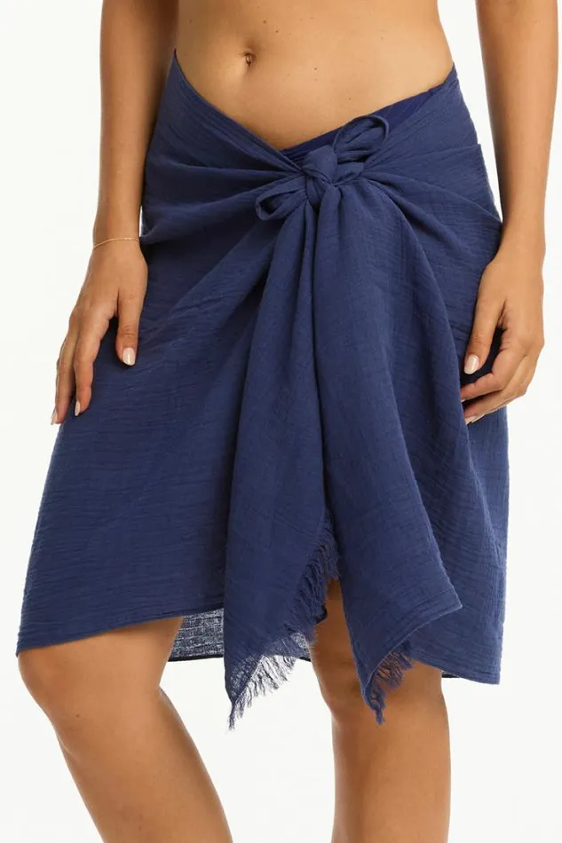Sunset Frayed Sarong Sunset French Navy Women Sea Level Overswim