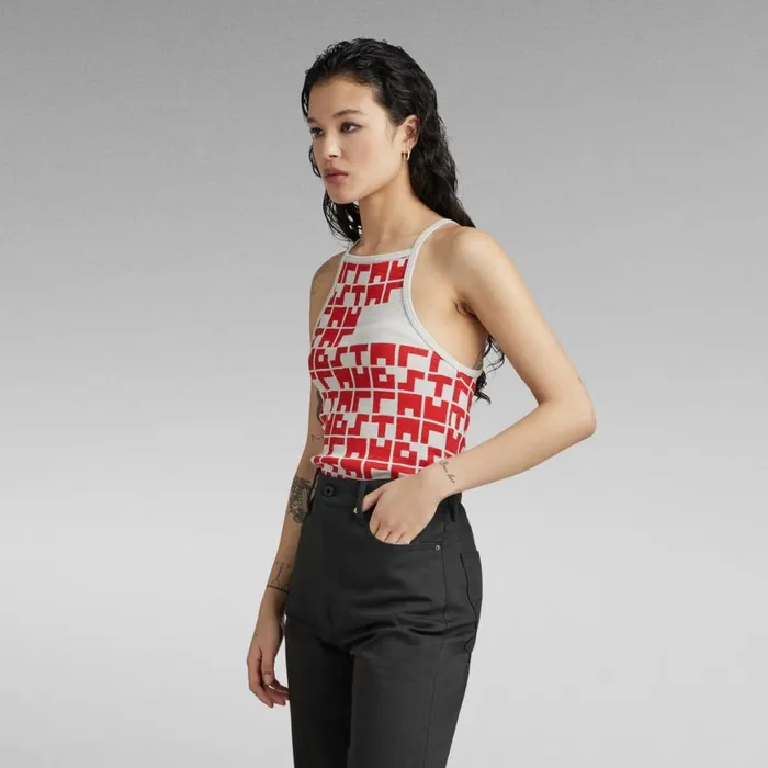 Tops and Tshirts Women GStar RAW Printed Tank Top Cropped Ultra Slim Oyster Mushroomacid Red Tetris