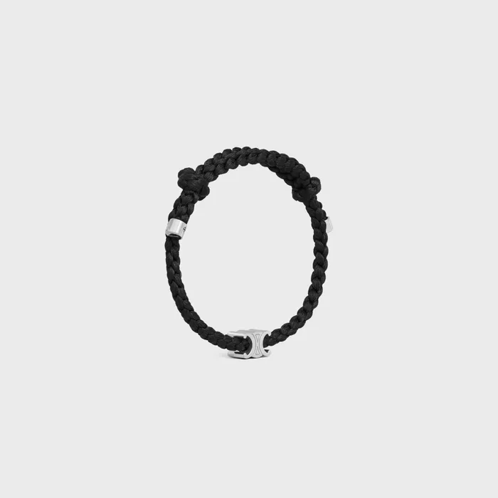 Triomphe Beach Bracelet In Silk And Brass With Rhodium Finish Blacksilver Men CELINE BRACELETS and RINGS Triomphe Beach Bracelet In Silk And Brass With Rhodium Finish Blacksilver Men CELINE BRACELETS and RINGS