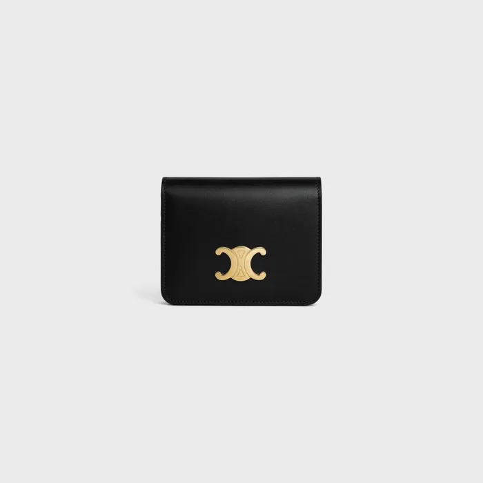 Triomphe Compact Wallet In Shiny Calfskin Black Women CELINE WALLETS
