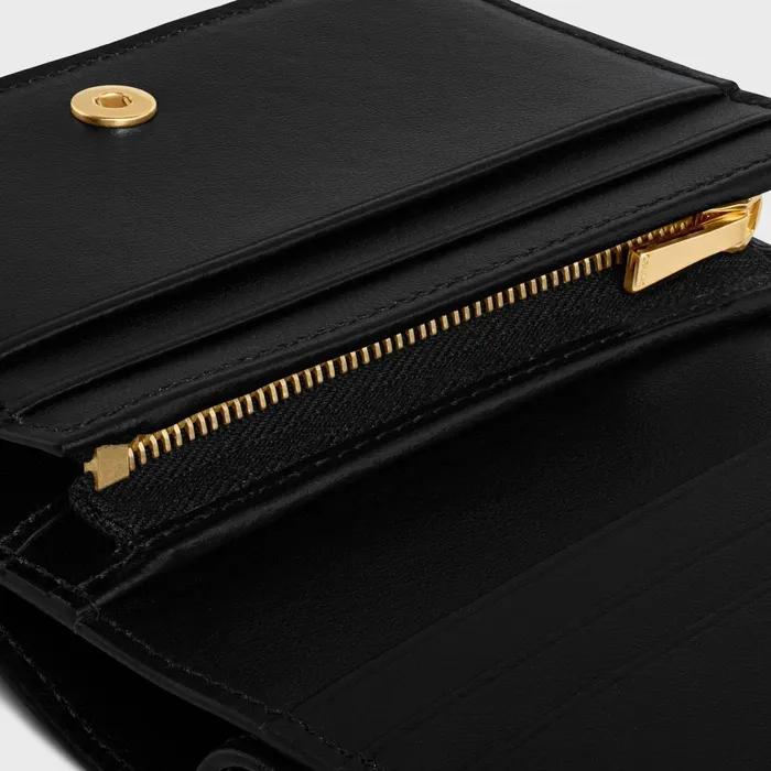 Triomphe Compact Wallet In Shiny Calfskin Black Women CELINE WALLETS Triomphe Compact Wallet In Shiny Calfskin Black Women CELINE WALLETS