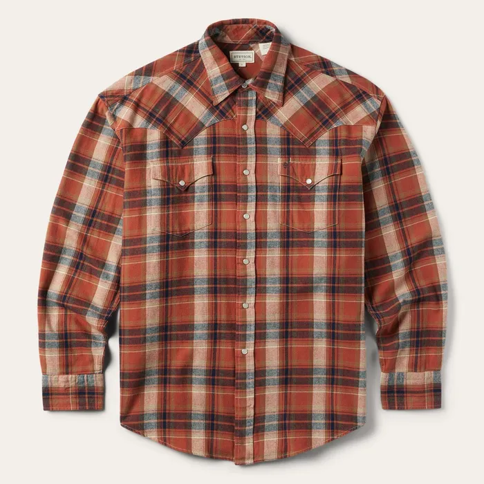 Western Shirts Men Stetson Brushed Twill Plaid Shirt Orange