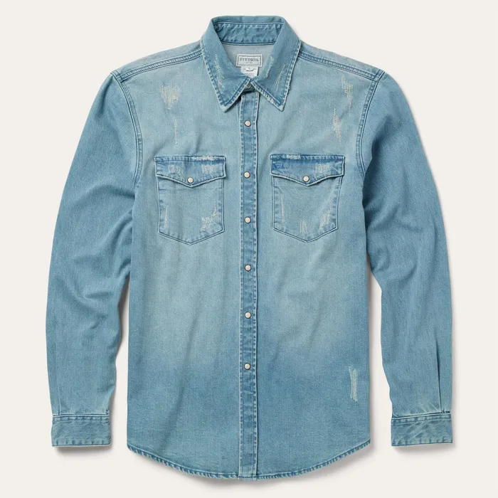 Western Shirts Men Stetson Distressed Denim Western Shirt Blue