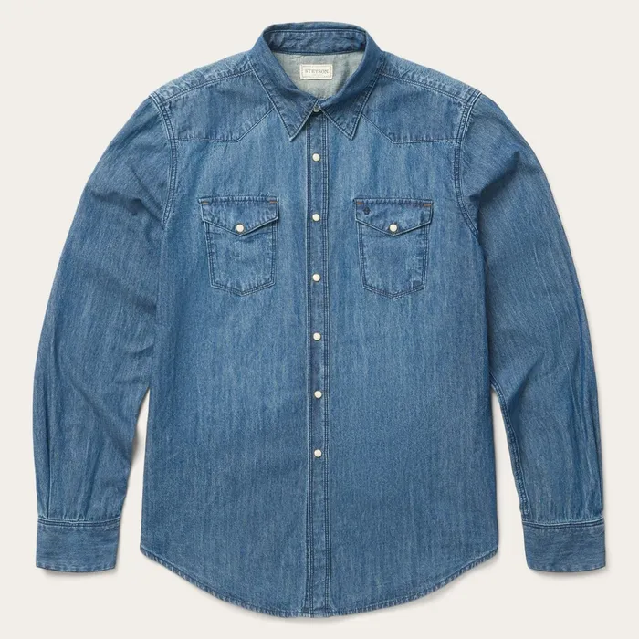 Western Shirts Men Stetson Medium Blue Denim Shirt Blue
