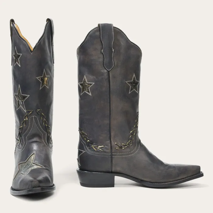 Western Women Stetson Star Distressed Black Cowboy Boot Black