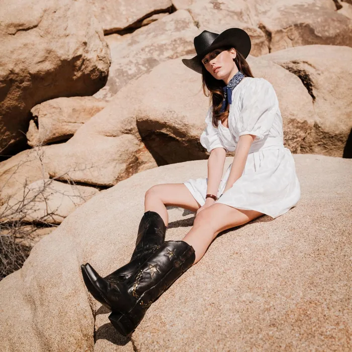 Western Women Stetson Star Distressed Black Cowboy Boot Black