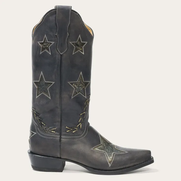 Western Women Stetson Star Distressed Black Cowboy Boot Black