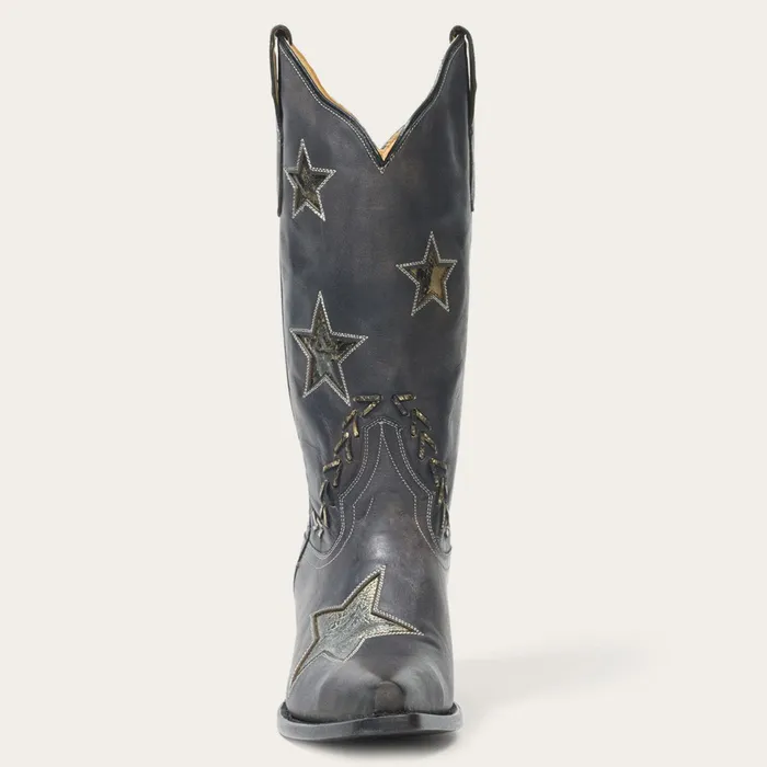 Western Women Stetson Star Distressed Black Cowboy Boot Black