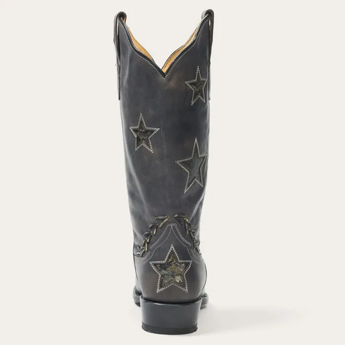 Western Women Stetson Star Distressed Black Cowboy Boot Black
