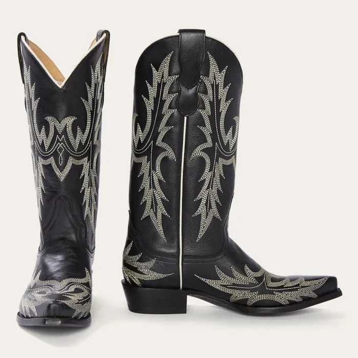 Western Women Stetson Tina Black and White Flame Embroidered Cowboy Boot Black
