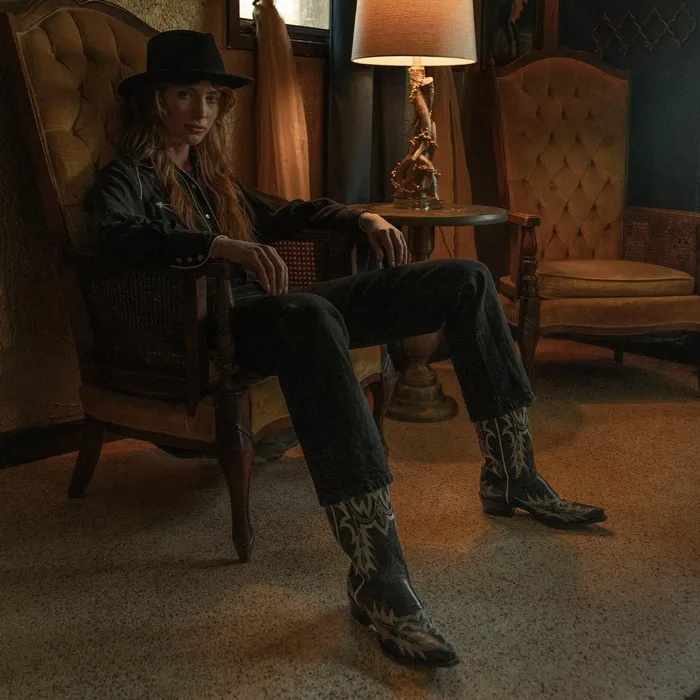 Western Women Stetson Tina Black and White Flame Embroidered Cowboy Boot Black