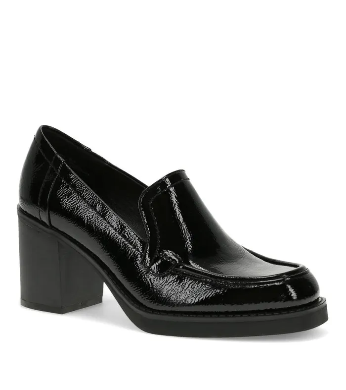 Women Baretraps Dress Shoes Gretel Block Heel Loafer Black Patent