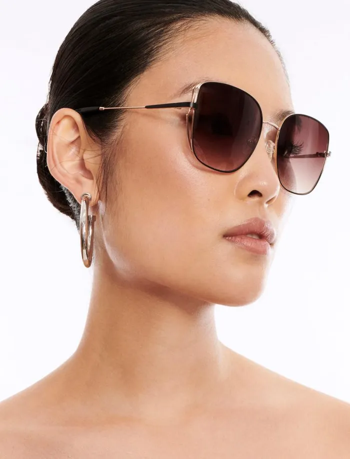 Women BCBG Sunglasses Muse Square Sunglasses Shiny Light Gold Black