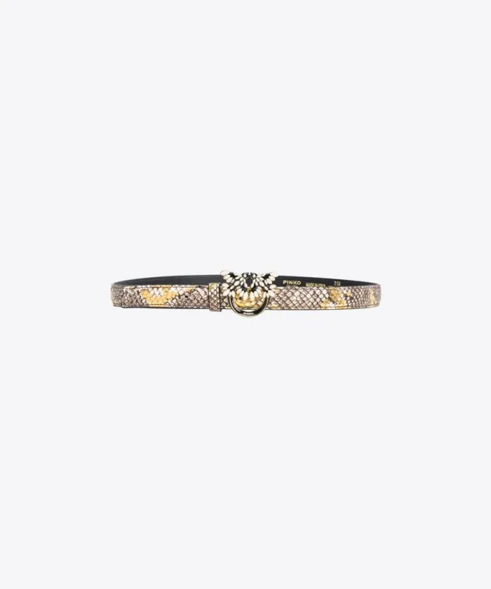 Women Belts Pinko PINKO Galleria Thin 2cm Laminated Reptileprint Belt With Love Birds Buckle Goldgreygold
