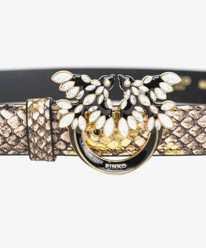 Women Belts Pinko PINKO Galleria Thin 2cm Laminated Reptileprint Belt With Love Birds Buckle Goldgreygold Women Belts Pinko PINKO Galleria Thin 2cm Laminated Reptileprint Belt With Love Birds Buckle Goldgreygold