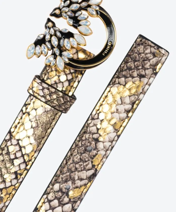 Women Belts Pinko PINKO Galleria Thin 2cm Laminated Reptileprint Belt With Love Birds Buckle Goldgreygold Women Belts Pinko PINKO Galleria Thin 2cm Laminated Reptileprint Belt With Love Birds Buckle Goldgreygold