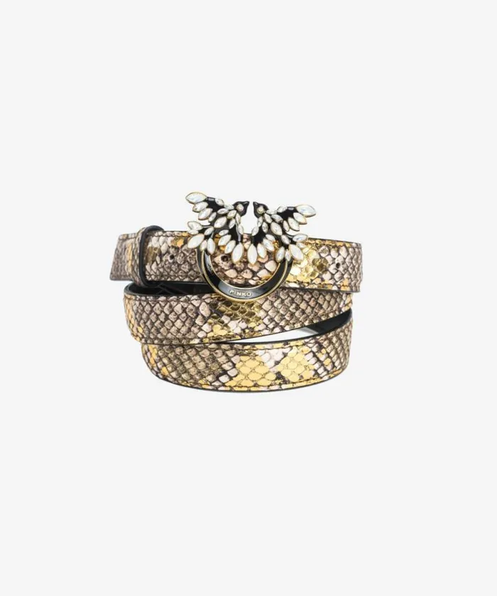 Women Belts Pinko PINKO Galleria Thin 2cm Laminated Reptileprint Belt With Love Birds Buckle Goldgreygold Women Belts Pinko PINKO Galleria Thin 2cm Laminated Reptileprint Belt With Love Birds Buckle Goldgreygold