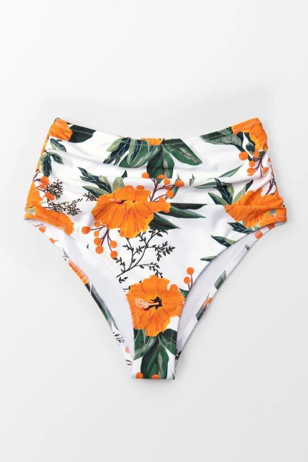Women Bikini Bottoms Cupshe Orange Floral Shirring High Waisted Bikini Bottom Multicolor