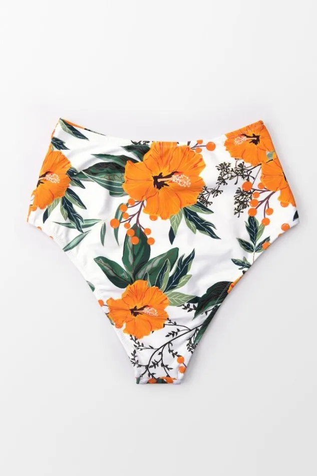 Women Bikini Bottoms Cupshe Orange Floral Shirring High Waisted Bikini Bottom Multicolor