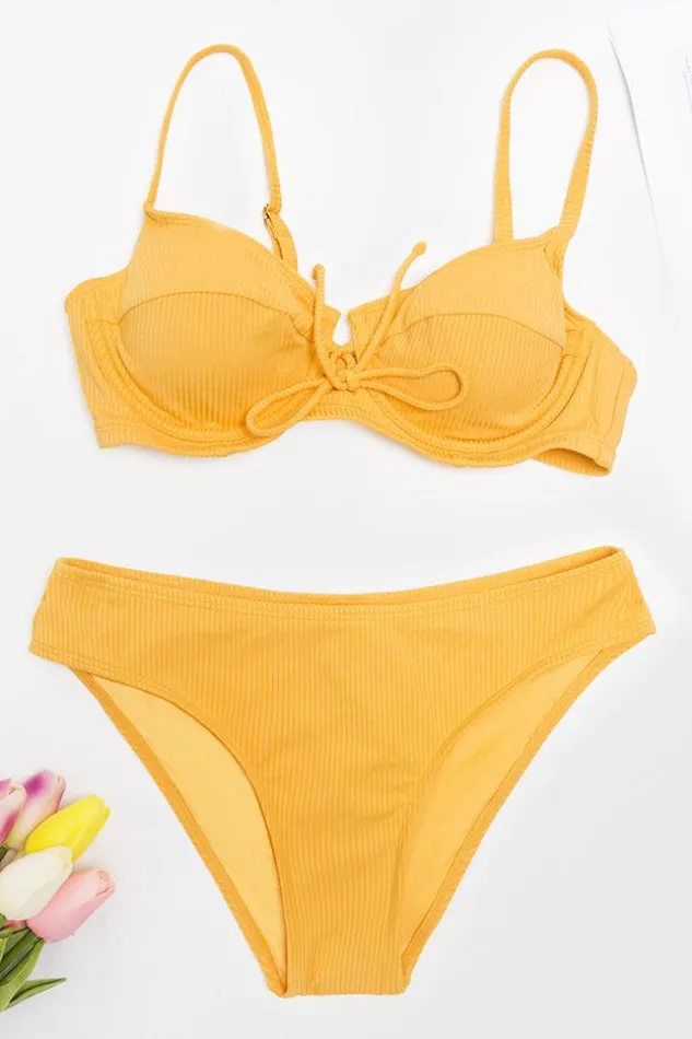 Women Bikini Sets Cupshe Asha Rib Underwire Tie Front Bikini Yellow