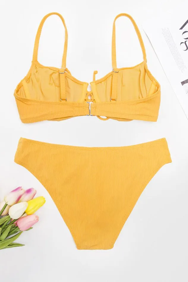 Women Bikini Sets Cupshe Asha Rib Underwire Tie Front Bikini Yellow