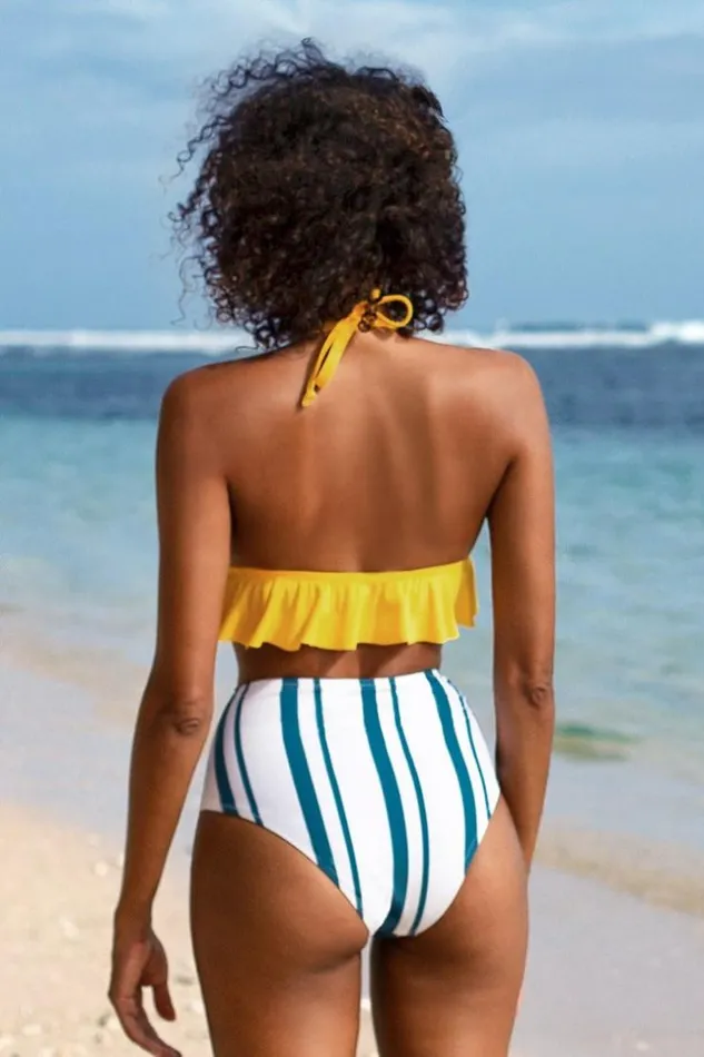 Women Bikini Sets Cupshe Beach Days Ruffle And Striped High Waisted Bikini Multicolor