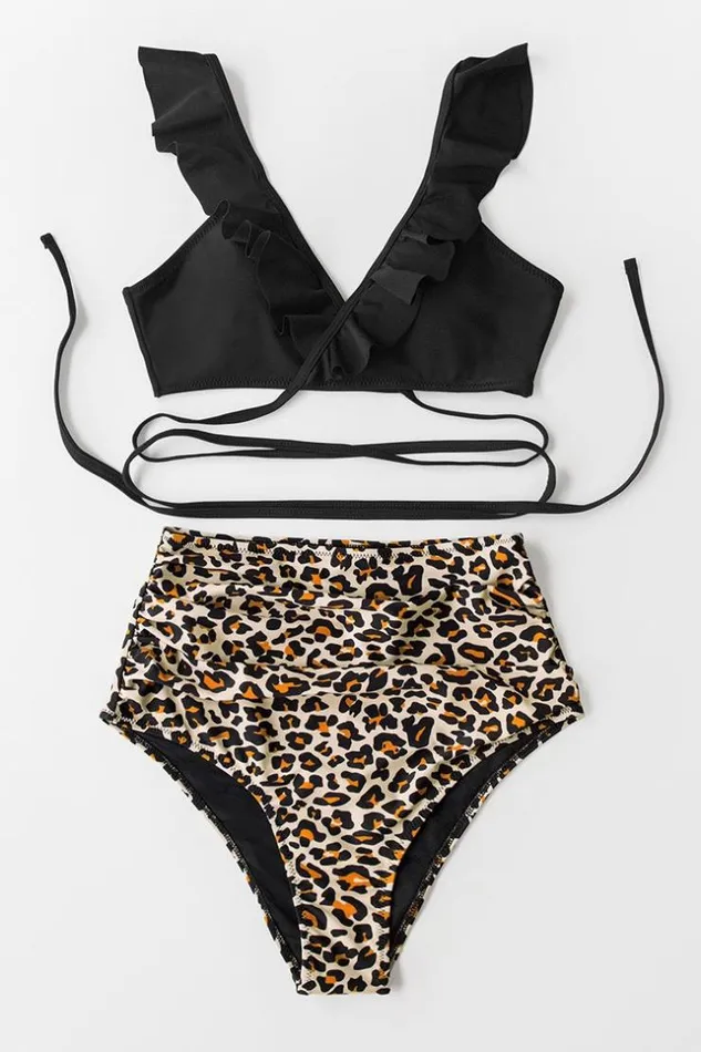 Women Bikini Sets Cupshe Black And Leopard Falbala High Waist Bikini Multicolor