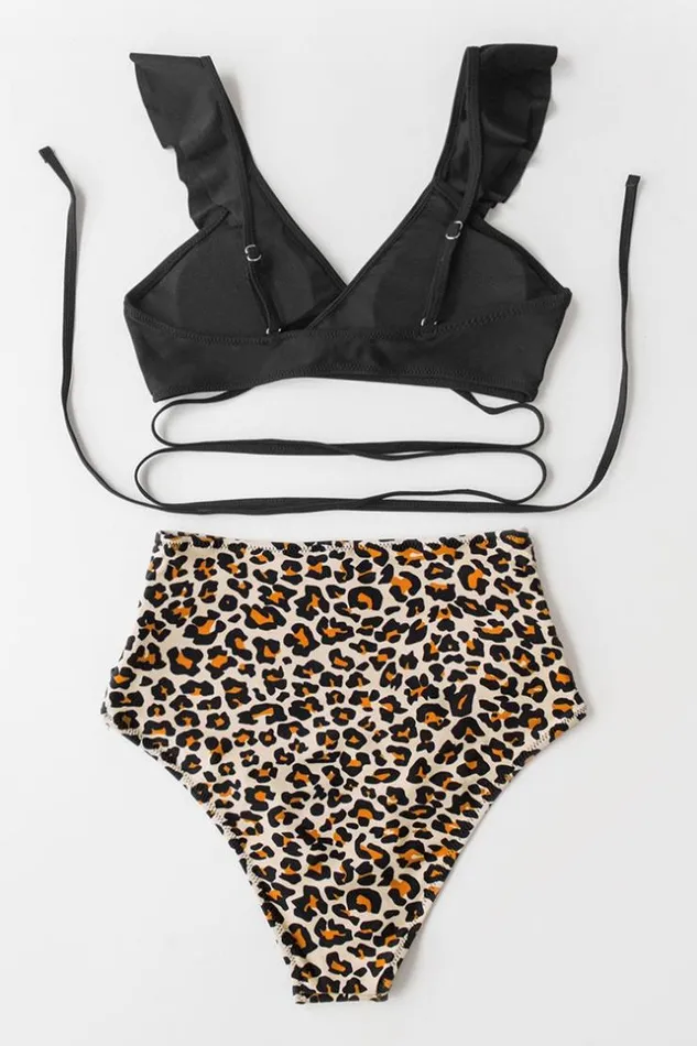 Women Bikini Sets Cupshe Black And Leopard Falbala High Waist Bikini Multicolor
