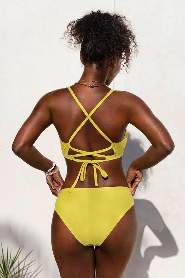 Women Bikini Sets Cupshe Briar Yellow Hollow Out Lace Up Ruched Bikini Yellow