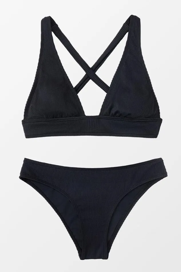Women Bikini Sets Cupshe Madeleine Black Rib Crisscross Back Bikini Black