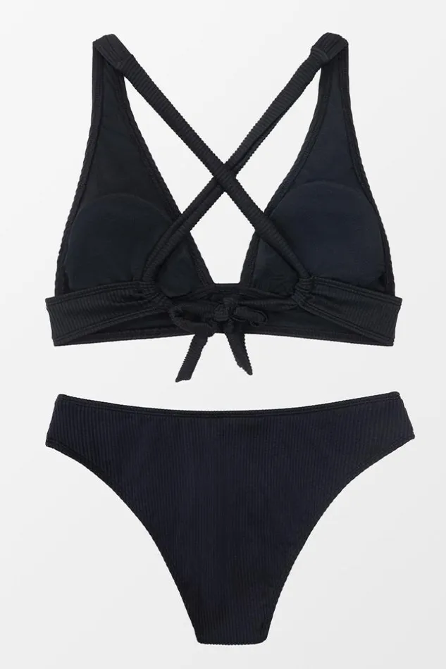 Women Bikini Sets Cupshe Madeleine Black Rib Crisscross Back Bikini Black
