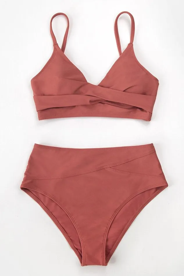 Women Bikini Sets Cupshe Marsala Twist High Waisted Bikini Red